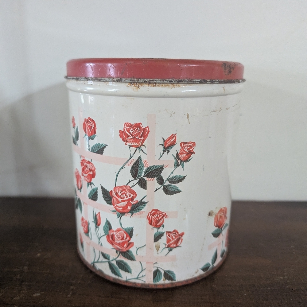 Vintage Decoware Rose Trellis Tin Canister - MCM Red & Cream Floral Old Antique